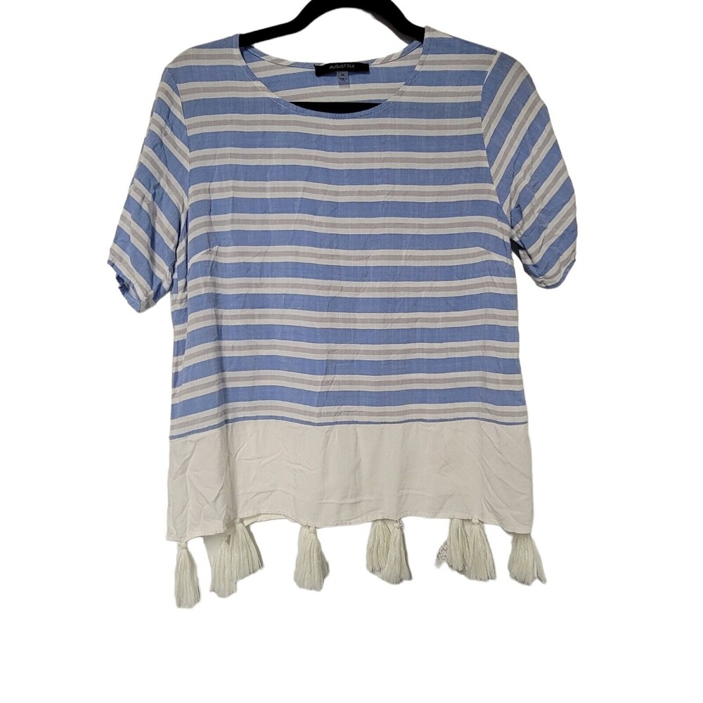 AUGUST SILK  Striped Blouse Shirt Top Blue Gray‎ White Viscose MEDIUM